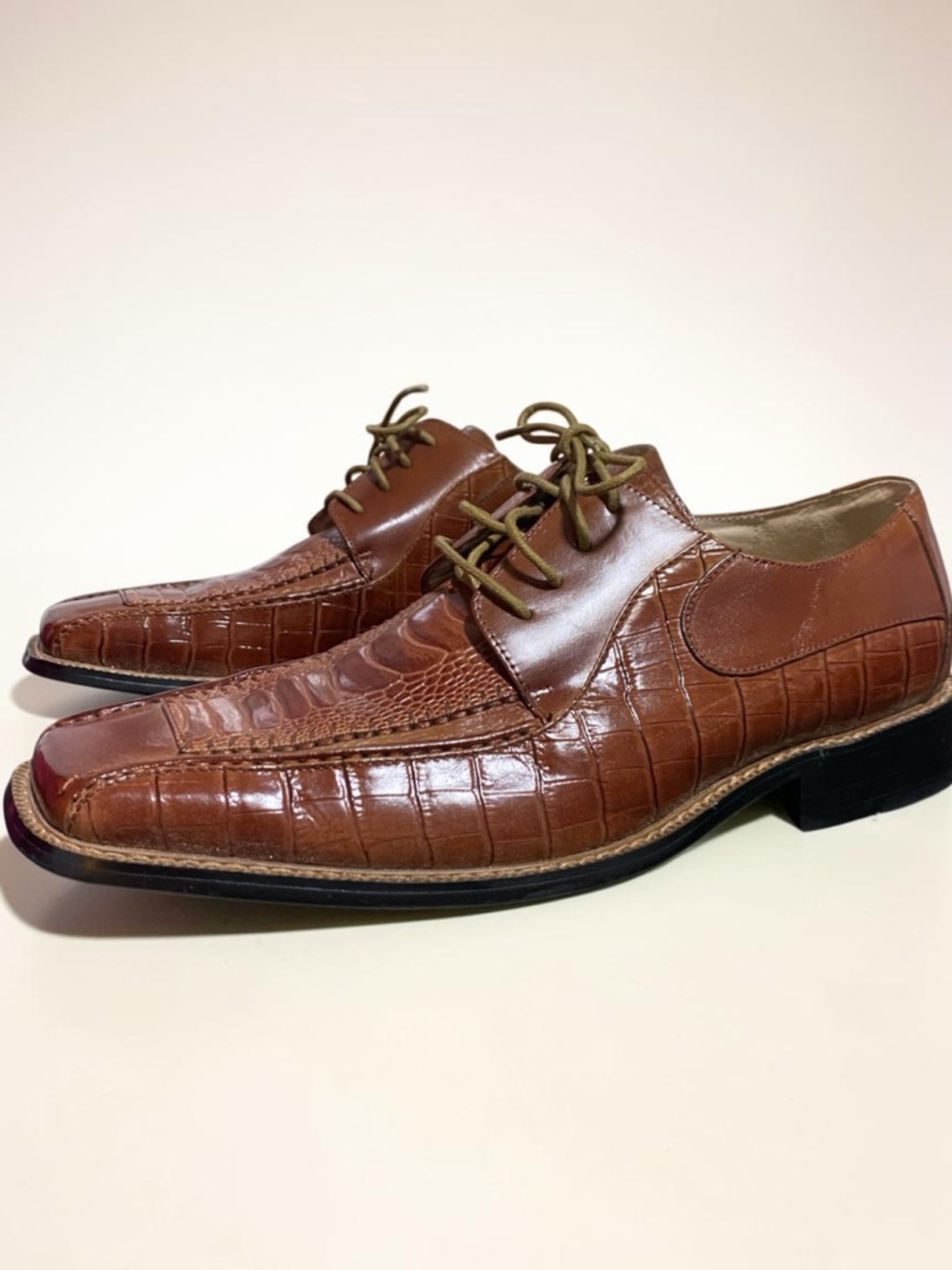 Stacy Adams Brown Cognac Croc Embossed Leather Oxford Shoes Mens 9.5M Square Toe - Picture 4 of 12